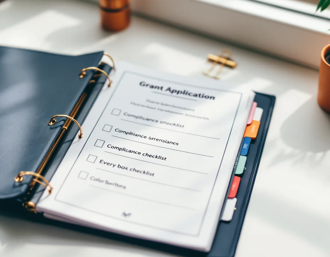 A tidy navy binder holding a finished application with tabs and a ticked checklist