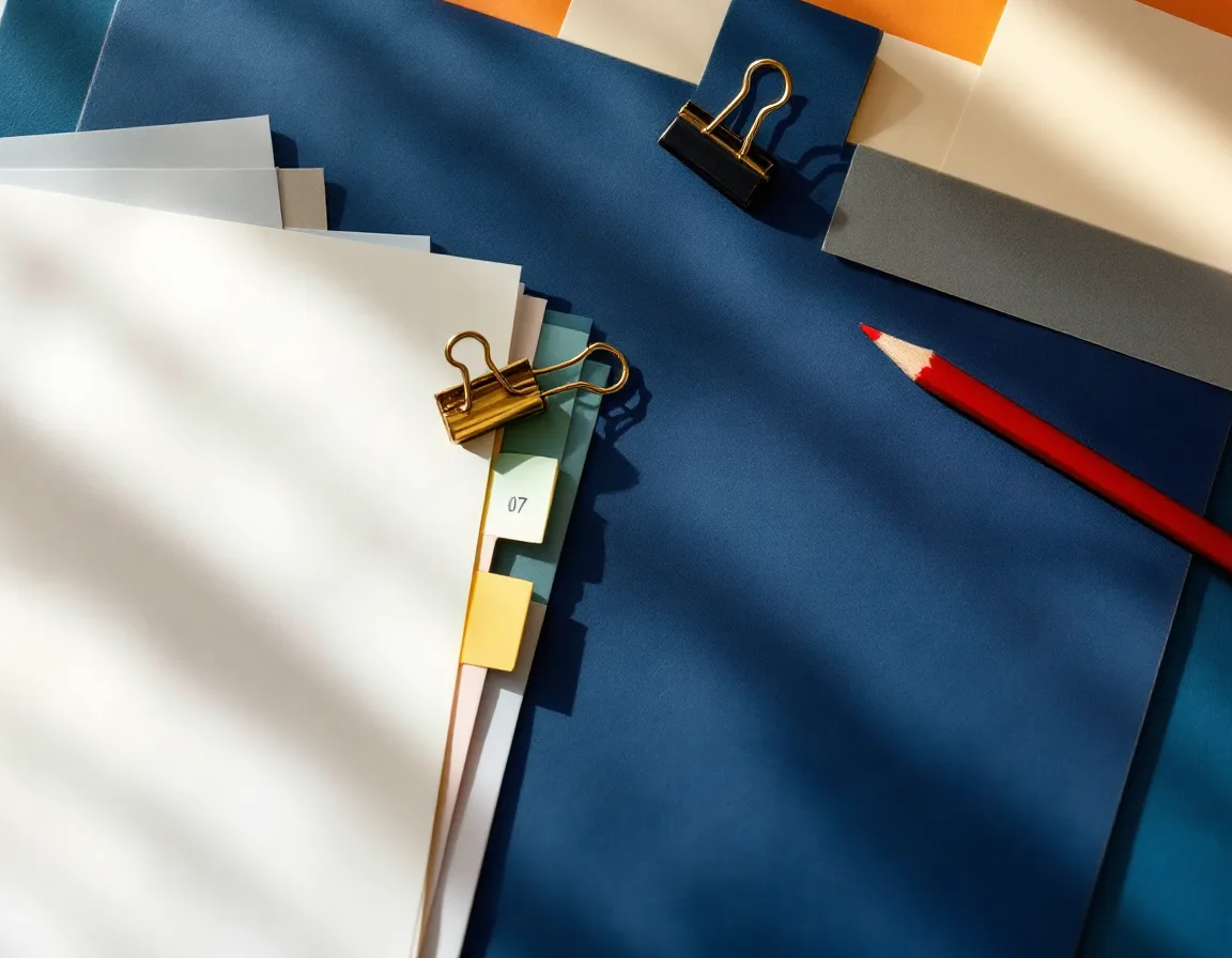 Tabbed index dividers, a red pencil and a printed budget laid out on a navy desk blotter
